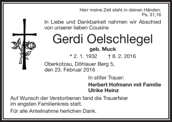 Traueranzeige von Gerdi Oelschlegel von Frankenpost
