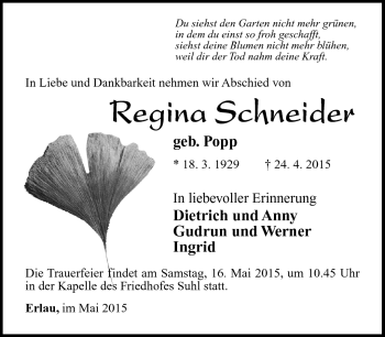 Traueranzeige von Regina Schneider von Südthüringer Presse