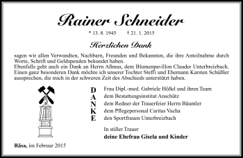Traueranzeige von Rainer Schneider von Südthüringer Presse