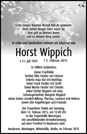 Traueranzeige von Horst Wippich von Südthüringer Presse