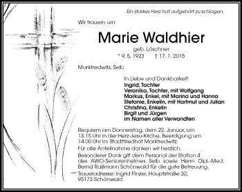 Traueranzeige von Marie Waldhier von Frankenpost