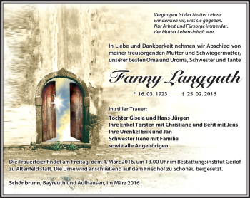 Traueranzeige von Fanny Langguth von Südthüringer Presse