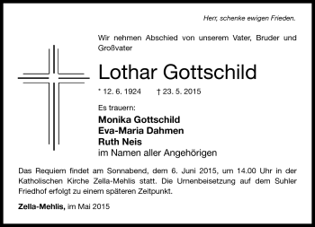 Traueranzeige von Lothar Gottschild von Südthüringer Presse