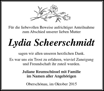 Traueranzeige von Lydia Scheerschmidt von Südthüringer Presse