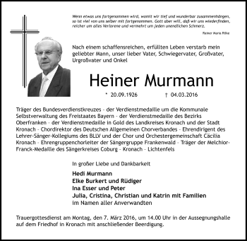 Traueranzeige von Heiner Murmann von Neue Presse Coburg