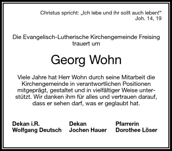 Traueranzeige von Georg Wohn von Frankenpost