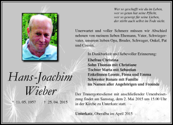 Traueranzeige von Hans-Joachim Wieber von Südthüringer Presse