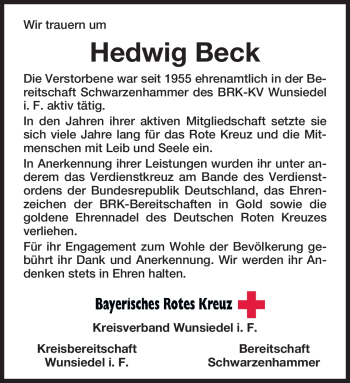 Traueranzeige von Hedwig Beck von Frankenpost