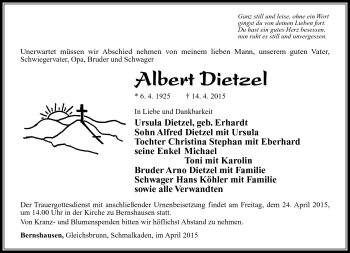 Traueranzeige von Albert Dietzel von Südthüringer Presse