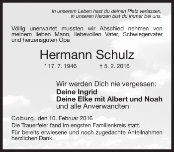Traueranzeige von Hermann Schulz von Neue Presse Coburg