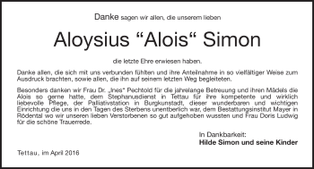 Traueranzeige von Aloysius Simon von Neue Presse Coburg
