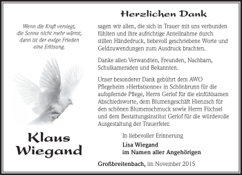 Traueranzeige von Klaus Wiegand von Südthüringer Presse