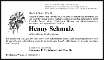 Traueranzeige von Henny Schmalz von Südthüringer Presse