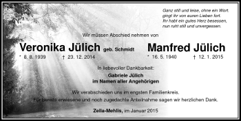 Traueranzeige von Veronika und Manfred Jülich von Südthüringer Presse
