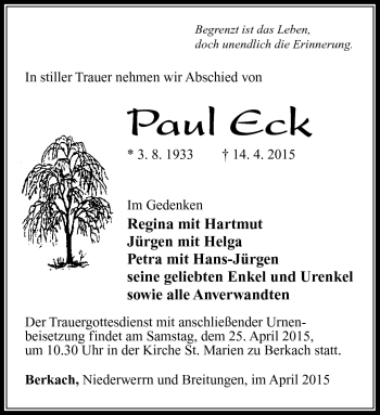 Traueranzeige von Paul Eck von Südthüringer Presse