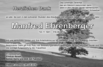 Traueranzeige von Manfred Ehrenberger von Südthüringer Presse