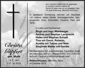 Traueranzeige von Christa Göpfert von Südthüringer Presse