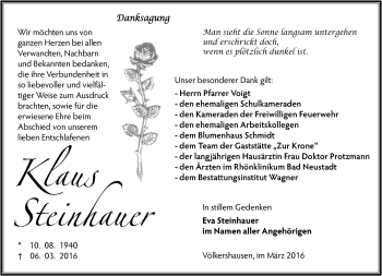 Traueranzeige von Klaus Steinhauer von Südthüringer Presse