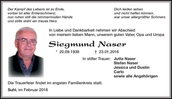 Traueranzeige von Siegmund Naser von Südthüringer Presse