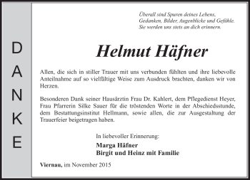 Traueranzeige von Helmut Häfner von Südthüringer Presse
