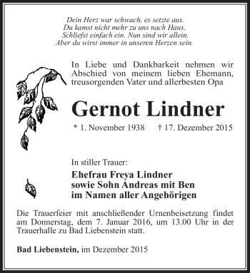 Traueranzeige von Gernot Lindner von Südthüringer Presse