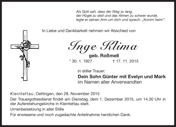 Traueranzeige von Inge Klima von Neue Presse Coburg