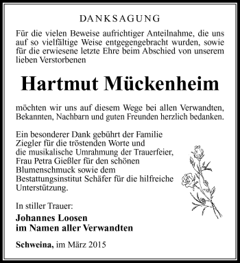 Traueranzeige von Hartmut Mückenheim von Südthüringer Presse