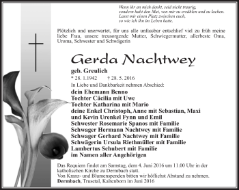 Traueranzeige von Gerda Nachtwey von Südthüringer Presse