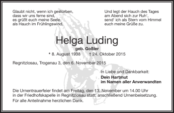 Traueranzeige von Helga Luding von Frankenpost