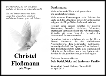 Traueranzeige von Christel Floßmann von Südthüringer Presse