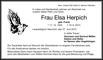 Traueranzeige von Elsa Herpich von Frankenpost