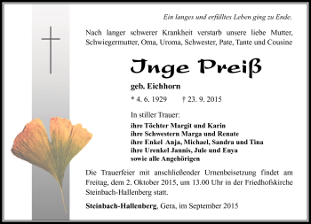Traueranzeige von Inge Preiß von Südthüringer Presse