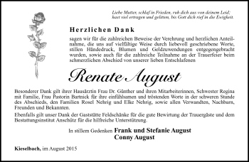 Traueranzeige von Renate August von Südthüringer Presse