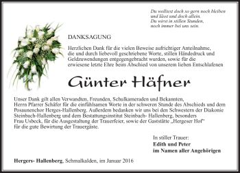 Traueranzeige von Günter Häfner von Südthüringer Presse