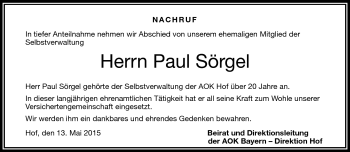 Traueranzeige von Paul Sörgel von Frankenpost