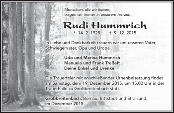 Traueranzeige von Rudi Hummrich von Südthüringer Presse