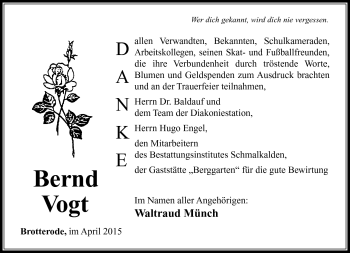 Traueranzeige von Bernd Vogt von Südthüringer Presse