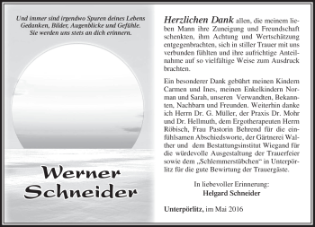 Traueranzeige von Werner Schneider von Südthüringer Presse