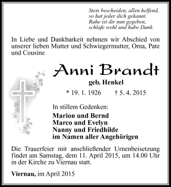 Traueranzeige von Anni Brandt von Südthüringer Presse