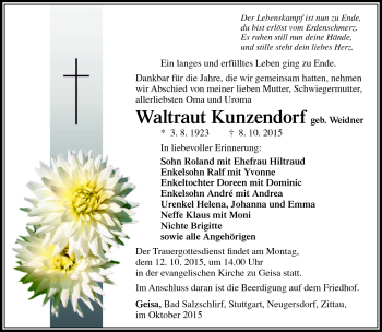 Traueranzeige von Waltraut Kunzendorf von Südthüringer Presse