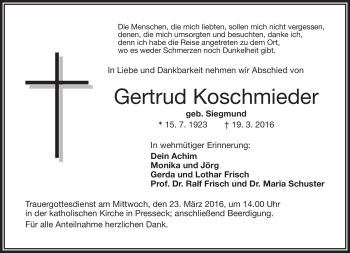Traueranzeige von Gertrud Koschmieder von Frankenpost