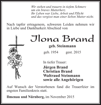 Traueranzeige von Ilona Brand von Südthüringer Presse