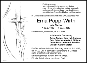 Traueranzeige von Erna Popp-Wirth von Frankenpost