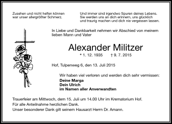 Traueranzeige von Alexander Militzer von Frankenpost