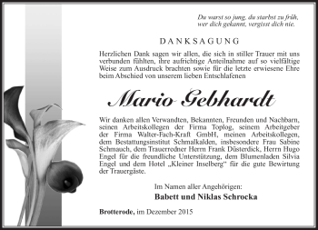 Traueranzeige von Mario Gebhardt von Südthüringer Presse