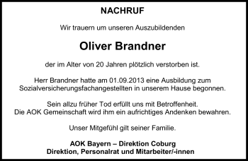 Traueranzeige von Oliver Brandner von Neue Presse Coburg