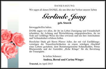 Traueranzeige von Gerlinde Jung von Südthüringer Presse