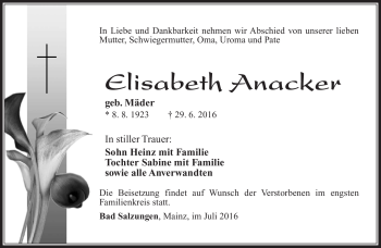 Traueranzeige von Elisabeth Anacker von Südthüringer Presse