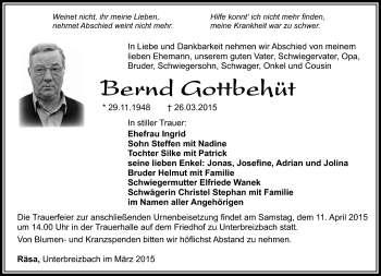Traueranzeige von Bernd Gottbehüt von Südthüringer Presse