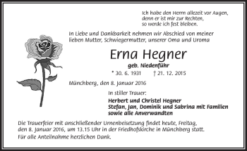 Traueranzeige von Erna Hegner von Frankenpost